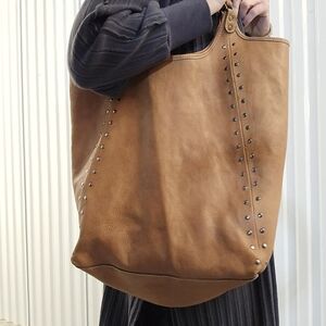 NeverMind Studded Tan Leather Tote Bag